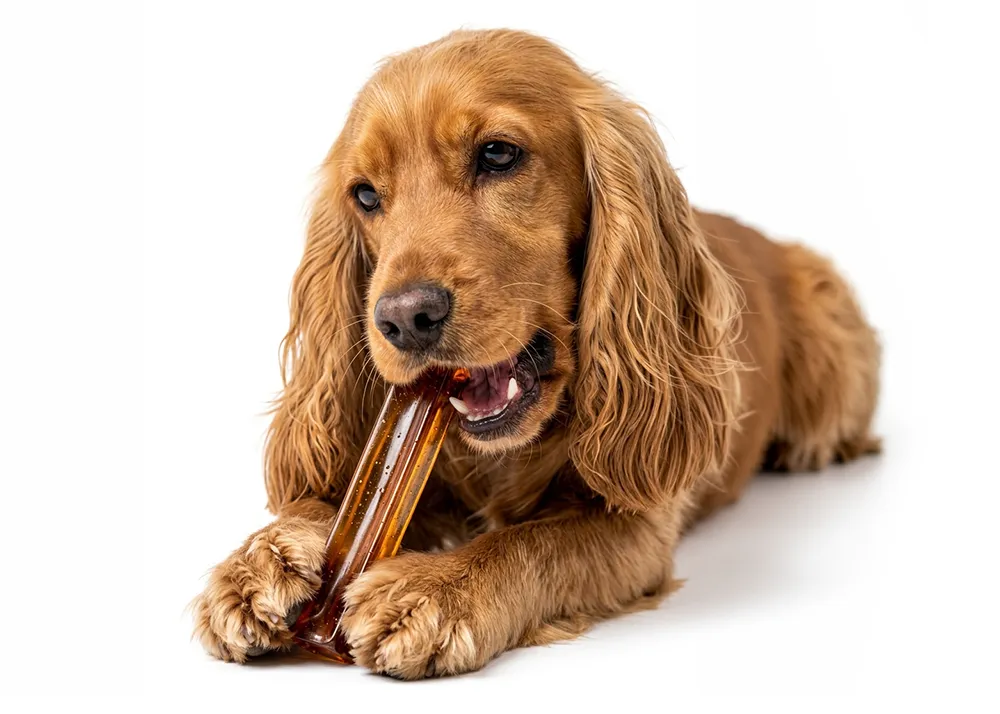 Chien mastiquant un stick CrystalChew